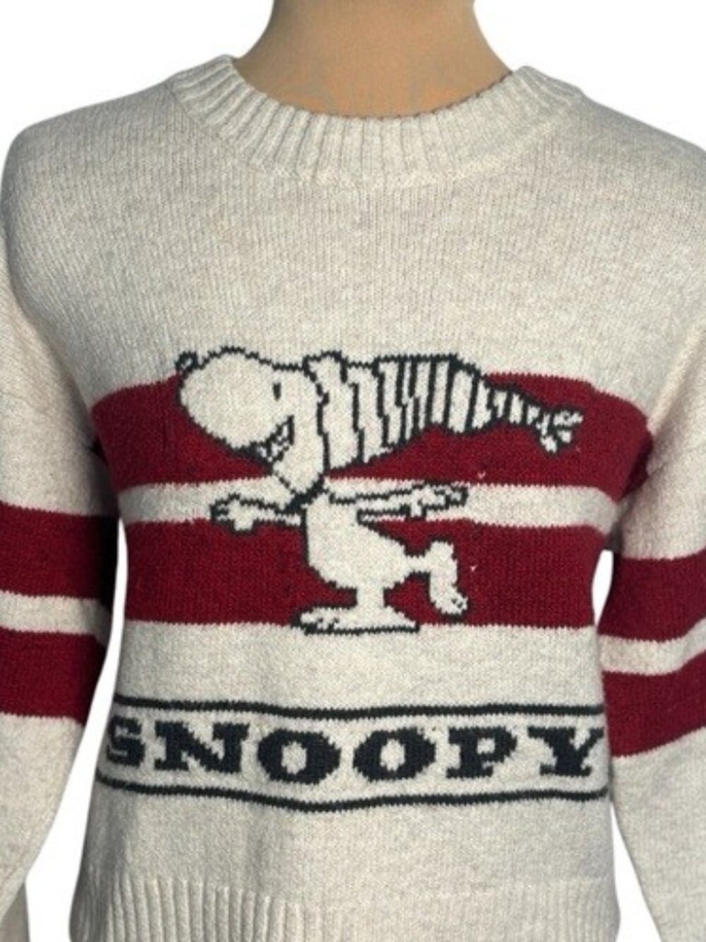 Snoopy Peanuts Graphic Sweater Cream Red Stripe Cozy Knit XS